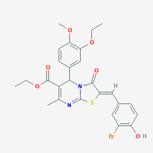molecular formula C26H25BrN2O6S B301304 ethyl2-(3-bromo-4-hydroxybenzylidene)-5-(3-ethoxy-4-methoxyphenyl)-7-methyl-3-oxo-2,3-dihydro-5H-[1,3]thiazolo[3,2-a]pyrimidine-6-carboxylate 