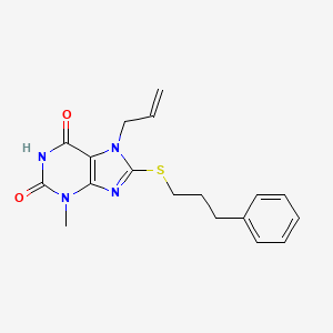 molecular formula C18H20N4O2S B3013079 3-Methyl-8-(3-phenylpropylsulfanyl)-7-prop-2-enylpurine-2,6-dione CAS No. 313470-39-2