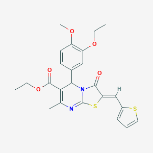 molecular formula C24H24N2O5S2 B301309 ethyl (2Z)-5-(3-ethoxy-4-methoxyphenyl)-7-methyl-3-oxo-2-(thiophen-2-ylmethylidene)-2,3-dihydro-5H-[1,3]thiazolo[3,2-a]pyrimidine-6-carboxylate 