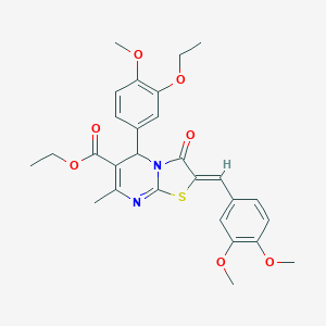 molecular formula C28H30N2O7S B301310 ethyl 2-(3,4-dimethoxybenzylidene)-5-(3-ethoxy-4-methoxyphenyl)-7-methyl-3-oxo-2,3-dihydro-5H-[1,3]thiazolo[3,2-a]pyrimidine-6-carboxylate 