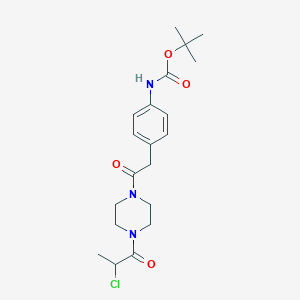 molecular formula C20H28ClN3O4 B3013106 Tert-butyl N-[4-[2-[4-(2-chloropropanoyl)piperazin-1-yl]-2-oxoethyl]phenyl]carbamate CAS No. 2411276-91-8