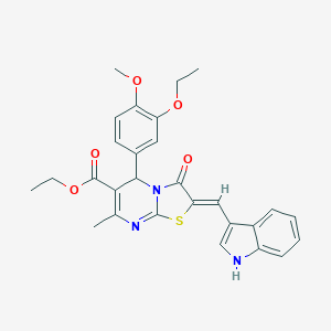 molecular formula C28H27N3O5S B301313 ethyl 5-(3-ethoxy-4-methoxyphenyl)-2-(1H-indol-3-ylmethylene)-7-methyl-3-oxo-2,3-dihydro-5H-[1,3]thiazolo[3,2-a]pyrimidine-6-carboxylate 