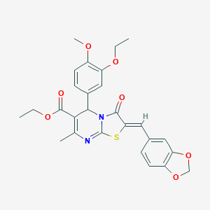 molecular formula C27H26N2O7S B301316 ethyl 2-(1,3-benzodioxol-5-ylmethylene)-5-(3-ethoxy-4-methoxyphenyl)-7-methyl-3-oxo-2,3-dihydro-5H-[1,3]thiazolo[3,2-a]pyrimidine-6-carboxylate 