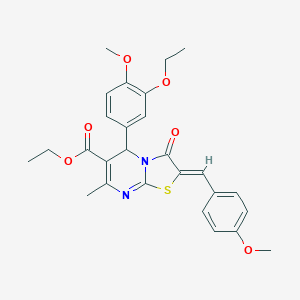 molecular formula C27H28N2O6S B301320 ethyl 5-(3-ethoxy-4-methoxyphenyl)-2-(4-methoxybenzylidene)-7-methyl-3-oxo-2,3-dihydro-5H-[1,3]thiazolo[3,2-a]pyrimidine-6-carboxylate 