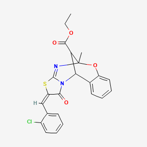 molecular formula C23H19ClN2O4S B3013209 (E)-ethyl 2-(2-chlorobenzylidene)-5-methyl-1-oxo-1,2,5,11-tetrahydro-5,11-methanobenzo[g]thiazolo[2,3-d][1,3,5]oxadiazocine-13-carboxylate CAS No. 1192740-84-3