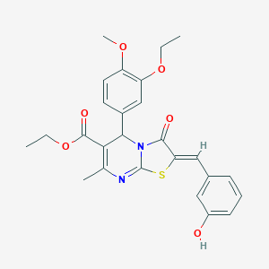 molecular formula C26H26N2O6S B301321 ethyl 5-(3-ethoxy-4-methoxyphenyl)-2-(3-hydroxybenzylidene)-7-methyl-3-oxo-2,3-dihydro-5H-[1,3]thiazolo[3,2-a]pyrimidine-6-carboxylate 