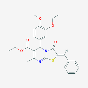 molecular formula C26H26N2O5S B301322 ethyl 2-benzylidene-5-(3-ethoxy-4-methoxyphenyl)-7-methyl-3-oxo-2,3-dihydro-5H-[1,3]thiazolo[3,2-a]pyrimidine-6-carboxylate 