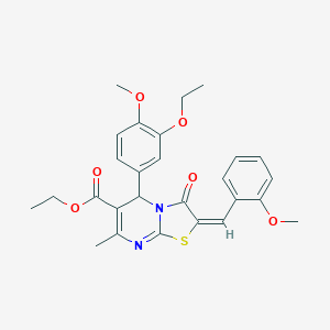 molecular formula C27H28N2O6S B301325 ethyl 5-(3-ethoxy-4-methoxyphenyl)-2-(2-methoxybenzylidene)-7-methyl-3-oxo-2,3-dihydro-5H-[1,3]thiazolo[3,2-a]pyrimidine-6-carboxylate 