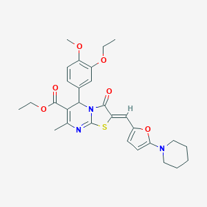 molecular formula C29H33N3O6S B301328 ethyl 5-(3-ethoxy-4-methoxyphenyl)-7-methyl-3-oxo-2-{[5-(1-piperidinyl)-2-furyl]methylene}-2,3-dihydro-5H-[1,3]thiazolo[3,2-a]pyrimidine-6-carboxylate 