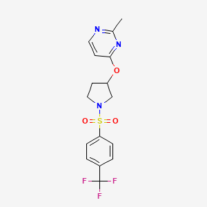 molecular formula C16H16F3N3O3S B3013280 2-甲基-4-({1-[4-(三氟甲基)苯磺酰基]吡咯烷-3-基}氧基)嘧啶 CAS No. 2034494-13-6