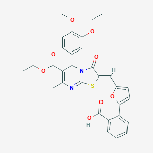 molecular formula C31H28N2O8S B301330 2-{5-[(6-(ethoxycarbonyl)-5-(3-ethoxy-4-methoxyphenyl)-7-methyl-3-oxo-5H-[1,3]thiazolo[3,2-a]pyrimidin-2(3H)-ylidene)methyl]-2-furyl}benzoic acid 