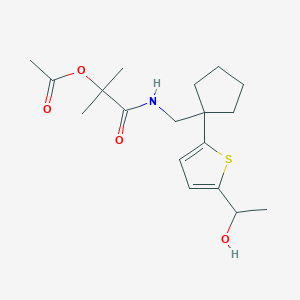 molecular formula C18H27NO4S B3013308 1-(((1-(5-(1-Hydroxyethyl)thiophen-2-yl)cyclopentyl)methyl)amino)-2-methyl-1-oxopropan-2-yl acetate CAS No. 2034599-16-9