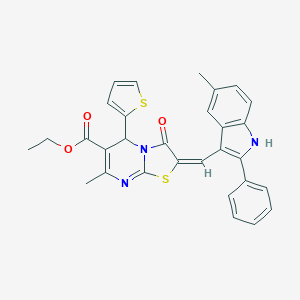 molecular formula C30H25N3O3S2 B301334 ethyl 7-methyl-2-[(5-methyl-2-phenyl-1H-indol-3-yl)methylene]-3-oxo-5-(2-thienyl)-2,3-dihydro-5H-[1,3]thiazolo[3,2-a]pyrimidine-6-carboxylate 