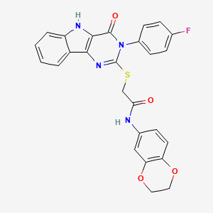molecular formula C26H19FN4O4S B3013396 N-(2,3-dihydro-1,4-benzodioxin-6-yl)-2-[[3-(4-fluorophenyl)-4-oxo-5H-pyrimido[5,4-b]indol-2-yl]sulfanyl]acetamide CAS No. 536711-09-8