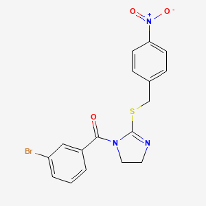 molecular formula C17H14BrN3O3S B3013406 (3-Bromophenyl)-[2-[(4-nitrophenyl)methylsulfanyl]-4,5-dihydroimidazol-1-yl]methanone CAS No. 851802-35-2