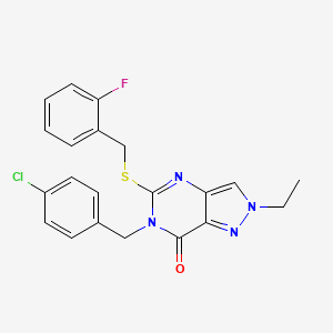 molecular formula C21H18ClFN4OS B3013421 6-(4-chlorobenzyl)-2-ethyl-5-((2-fluorobenzyl)thio)-2H-pyrazolo[4,3-d]pyrimidin-7(6H)-one CAS No. 894922-02-2