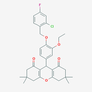 molecular formula C32H34ClFO5 B301348 9-{4-[(2-chloro-4-fluorobenzyl)oxy]-3-ethoxyphenyl}-3,3,6,6-tetramethyl-3,4,5,6,7,9-hexahydro-1H-xanthene-1,8(2H)-dione 