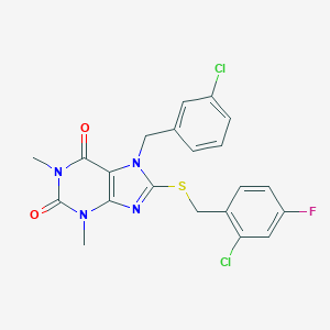 molecular formula C21H17Cl2FN4O2S B301349 7-(3-chlorobenzyl)-8-[(2-chloro-4-fluorobenzyl)sulfanyl]-1,3-dimethyl-3,7-dihydro-1H-purine-2,6-dione 