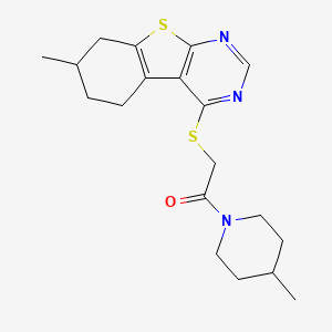 molecular formula C19H25N3OS2 B3013559 1-(4-Methylpiperidin-1-yl)-2-[(7-methyl-5,6,7,8-tetrahydro-[1]benzothiolo[2,3-d]pyrimidin-4-yl)sulfanyl]ethanone CAS No. 457640-39-0