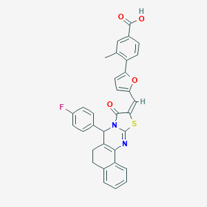 molecular formula C33H23FN2O4S B301359 4-[5-[(E)-[11-(4-fluorophenyl)-13-oxo-15-thia-12,17-diazatetracyclo[8.7.0.02,7.012,16]heptadeca-1(10),2,4,6,16-pentaen-14-ylidene]methyl]furan-2-yl]-3-methylbenzoic acid 