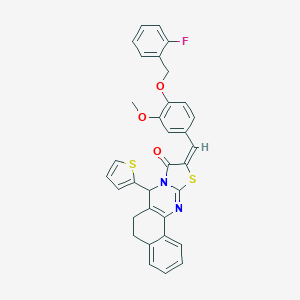 molecular formula C33H25FN2O3S2 B301361 10-{4-[(2-fluorobenzyl)oxy]-3-methoxybenzylidene}-7-(2-thienyl)-5,7-dihydro-6H-benzo[h][1,3]thiazolo[2,3-b]quinazolin-9(10H)-one 