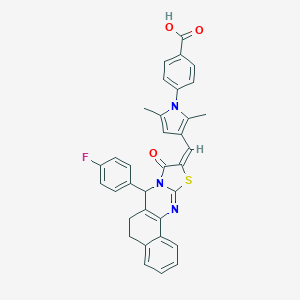 molecular formula C34H26FN3O3S B301364 4-[3-[(E)-[11-(4-fluorophenyl)-13-oxo-15-thia-12,17-diazatetracyclo[8.7.0.02,7.012,16]heptadeca-1(10),2,4,6,16-pentaen-14-ylidene]methyl]-2,5-dimethylpyrrol-1-yl]benzoic acid 