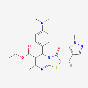 molecular formula C23H25N5O3S B3013701 (E)-ethyl 5-(4-(dimethylamino)phenyl)-7-methyl-2-((1-methyl-1H-pyrazol-4-yl)methylene)-3-oxo-3,5-dihydro-2H-thiazolo[3,2-a]pyrimidine-6-carboxylate CAS No. 492427-59-5
