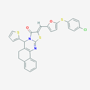 molecular formula C29H19ClN2O2S3 B301371 (10Z)-10-({5-[(4-chlorophenyl)sulfanyl]furan-2-yl}methylidene)-7-(thiophen-2-yl)-5,7-dihydro-6H-benzo[h][1,3]thiazolo[2,3-b]quinazolin-9(10H)-one 