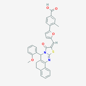 molecular formula C34H26N2O5S B301372 4-[5-[(E)-[11-(2-methoxyphenyl)-13-oxo-15-thia-12,17-diazatetracyclo[8.7.0.02,7.012,16]heptadeca-1(10),2,4,6,16-pentaen-14-ylidene]methyl]furan-2-yl]-3-methylbenzoic acid 
