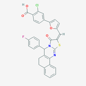 molecular formula C32H20ClFN2O4S B301373 2-chloro-4-[5-[(E)-[11-(4-fluorophenyl)-13-oxo-15-thia-12,17-diazatetracyclo[8.7.0.02,7.012,16]heptadeca-1(10),2,4,6,16-pentaen-14-ylidene]methyl]furan-2-yl]benzoic acid 