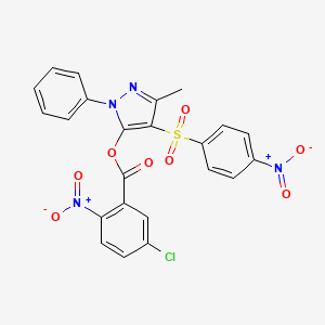 molecular formula C23H15ClN4O8S B3013742 3-methyl-4-((4-nitrophenyl)sulfonyl)-1-phenyl-1H-pyrazol-5-yl 5-chloro-2-nitrobenzoate CAS No. 851093-97-5