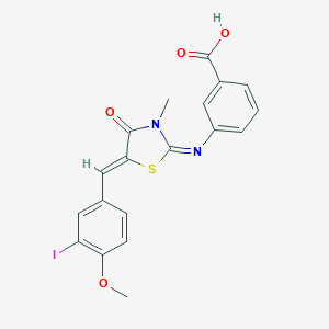molecular formula C19H15IN2O4S B301383 3-{[(2E,5Z)-5-(3-iodo-4-methoxybenzylidene)-3-methyl-4-oxo-1,3-thiazolidin-2-ylidene]amino}benzoic acid 