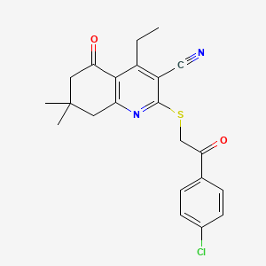 molecular formula C22H21ClN2O2S B3013838 2-[2-(4-氯苯基)-2-氧代乙基]硫代-4-乙基-7,7-二甲基-5-氧代-6,8-二氢喹啉-3-腈 CAS No. 671200-42-3