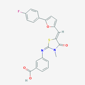 molecular formula C22H15FN2O4S B301384 3-{[(2E,5Z)-5-{[5-(4-fluorophenyl)furan-2-yl]methylidene}-3-methyl-4-oxo-1,3-thiazolidin-2-ylidene]amino}benzoic acid 