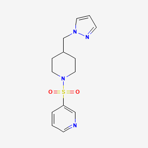 molecular formula C14H18N4O2S B3013842 3-((4-((1H-吡唑-1-基)甲基)哌啶-1-基)磺酰基)吡啶 CAS No. 1421457-93-3