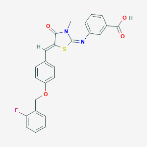 molecular formula C25H19FN2O4S B301385 3-[(5-{4-[(2-Fluorobenzyl)oxy]benzylidene}-3-methyl-4-oxo-1,3-thiazolidin-2-ylidene)amino]benzoic acid 