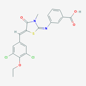 molecular formula C20H16Cl2N2O4S B301386 3-{[5-(3,5-Dichloro-4-ethoxybenzylidene)-3-methyl-4-oxo-1,3-thiazolidin-2-ylidene]amino}benzoic acid 