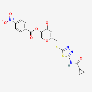 molecular formula C19H14N4O7S2 B3013880 6-(((5-(cyclopropanecarboxamido)-1,3,4-thiadiazol-2-yl)thio)methyl)-4-oxo-4H-pyran-3-yl 4-nitrobenzoate CAS No. 877651-44-0
