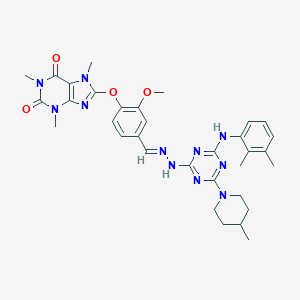 molecular formula C33H39N11O4 B301391 3-methoxy-4-[(1,3,7-trimethyl-2,6-dioxo-2,3,6,7-tetrahydro-1H-purin-8-yl)oxy]benzaldehyde [4-(2,3-dimethylanilino)-6-(4-methylpiperidin-1-yl)-1,3,5-triazin-2-yl]hydrazone 