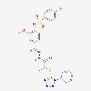 molecular formula C24H21FN6O5S2 B301393 2-methoxy-4-(2-{2-[(1-phenyl-1H-tetraazol-5-yl)sulfanyl]propanoyl}carbohydrazonoyl)phenyl 4-fluorobenzenesulfonate 