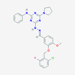 molecular formula C28H27ClFN7O2 B301400 3-[(2-Chloro-6-fluorobenzyl)oxy]-4-methoxybenzaldehyde [4-anilino-6-(1-pyrrolidinyl)-1,3,5-triazin-2-yl]hydrazone 