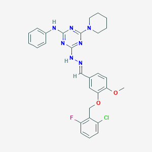 molecular formula C29H29ClFN7O2 B301401 3-[(2-Chloro-6-fluorobenzyl)oxy]-4-methoxybenzaldehyde [4-anilino-6-(1-piperidinyl)-1,3,5-triazin-2-yl]hydrazone 