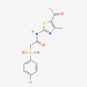 molecular formula C14H13ClN2O4S2 B3014041 N-(5-acetyl-4-methylthiazol-2-yl)-2-((4-chlorophenyl)sulfonyl)acetamide CAS No. 895461-34-4