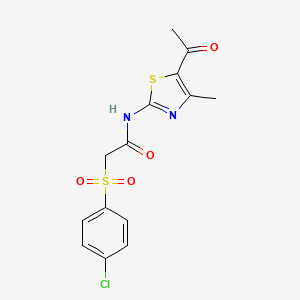 molecular formula C14H13ClN2O4S2 B3014041 N-(5-acetyl-4-methyl-1,3-thiazol-2-yl)-2-(4-chlorobenzenesulfonyl)acetamide CAS No. 895461-34-4