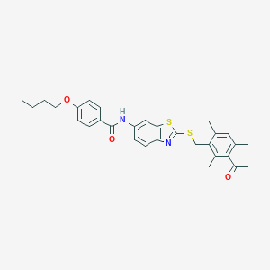 molecular formula C30H32N2O3S2 B301406 N-[2-[(3-acetyl-2,4,6-trimethylphenyl)methylsulfanyl]-1,3-benzothiazol-6-yl]-4-butoxybenzamide 