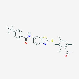 molecular formula C30H32N2O2S2 B301408 N-{2-[(3-acetyl-2,4,6-trimethylbenzyl)sulfanyl]-1,3-benzothiazol-6-yl}-4-tert-butylbenzamide 