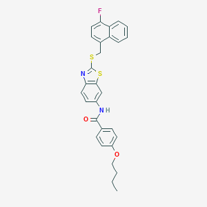 molecular formula C29H25FN2O2S2 B301410 4-butoxy-N-(2-{[(4-fluoro-1-naphthyl)methyl]sulfanyl}-1,3-benzothiazol-6-yl)benzamide 