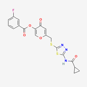 6-(((5-(cyclopropanecarboxamido)-1,3,4-thiadiazol-2-yl)thio)methyl)-4-oxo-4H-pyran-3-yl 3-fluorobenzoate