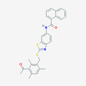 molecular formula C30H26N2O2S2 B301412 N-{2-[(3-acetyl-2,4,6-trimethylbenzyl)sulfanyl]-1,3-benzothiazol-6-yl}-1-naphthamide 