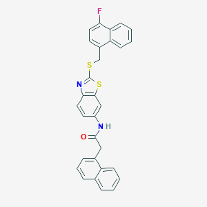 molecular formula C30H21FN2OS2 B301413 N-(2-{[(4-fluoro-1-naphthyl)methyl]sulfanyl}-1,3-benzothiazol-6-yl)-2-(1-naphthyl)acetamide 
